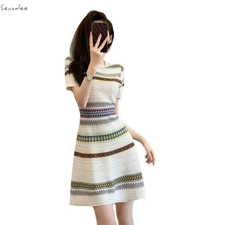 Women Color Striped Knitwear Summer Short Sleeve A Line Mini Short Dresses - My Store